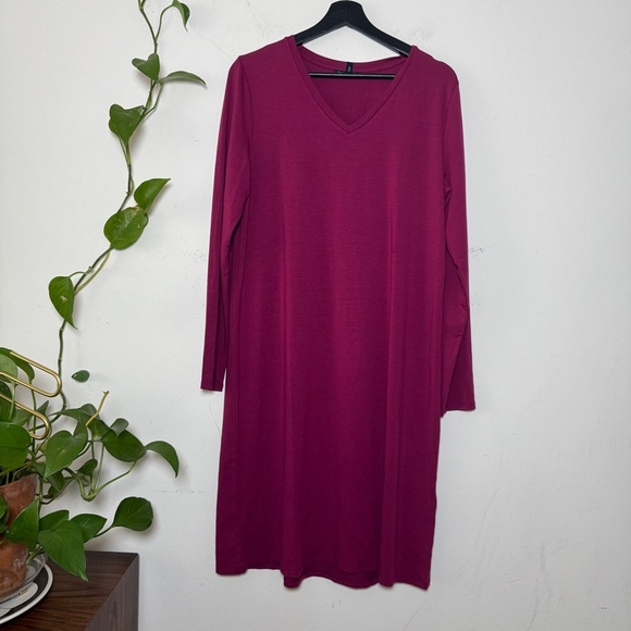 Eileen Fisher Fuchsia V Neck Soft Cotten Blend Midi Dress - {S} - Picture 1 of 4